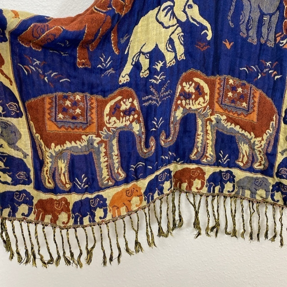 Cashmere Scarf Wrap Brown and Blue w/ Elephant and Camel novelty print 64” x 24” - Picture 2 of 6